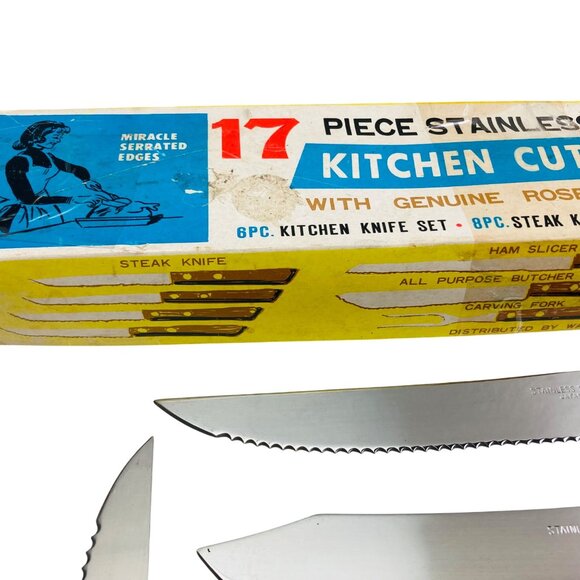 Vintage Japanese Stainless Steel Kitchen Cutlery Set w/ Genuine Rosewood Handles - Picture 5 of 10